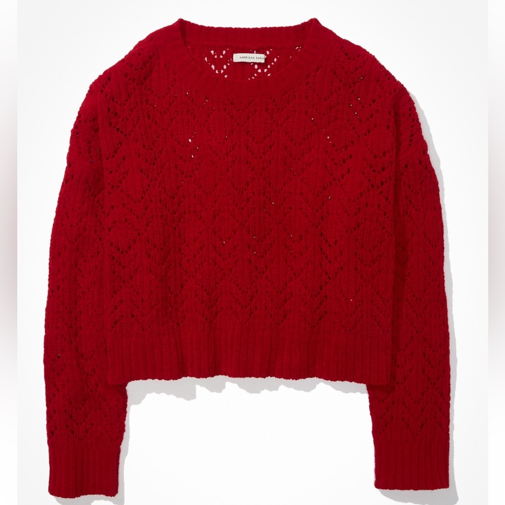 ❤️AE Cropped Pointelle Crewneck Sweater Red Small Valentines ❤️ - Picture 11 of 12